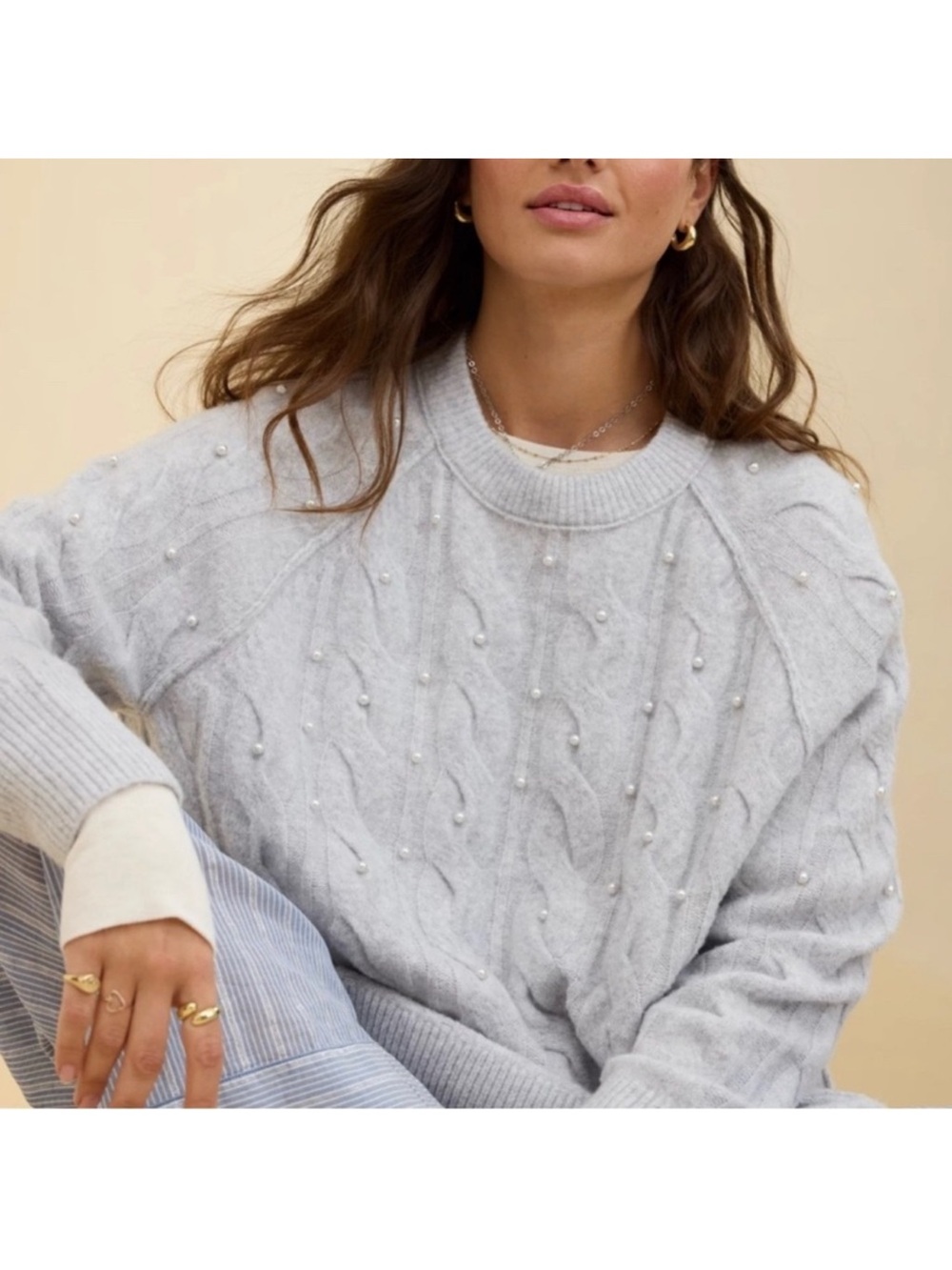 aerie Cute Pearl-Embellished Light Gray Cable Crewneck Sweater, Size Large